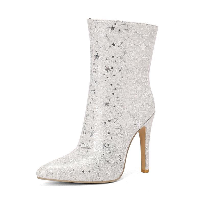 

Женские ботильоны 2024 Туфли на высоком каблуке 11 см Зимние ботинки с открытым носком Принт Кожа Сексуальная шпилька 48 белый