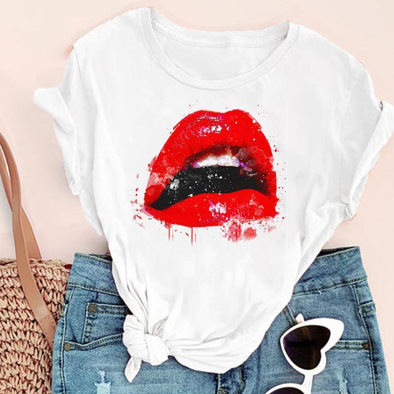 Tricou cu gât în ​​formă de O pentru femei Tricou la modă pentru femei Tricou cu mânecă scurtă cu buzele roșii Tricou cu mânecă scurtă pentru femei