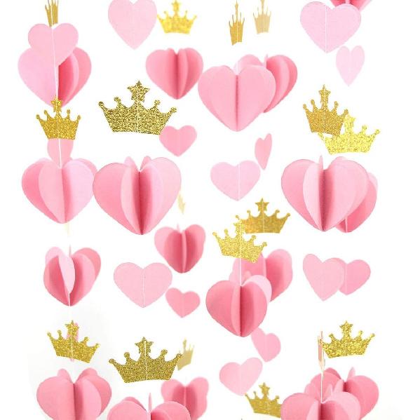 Gold Pink 3D Paper Heart Crown Garland Girl Princess Birthday Party Nursery Room Decor Balloon Tail Pack of 5