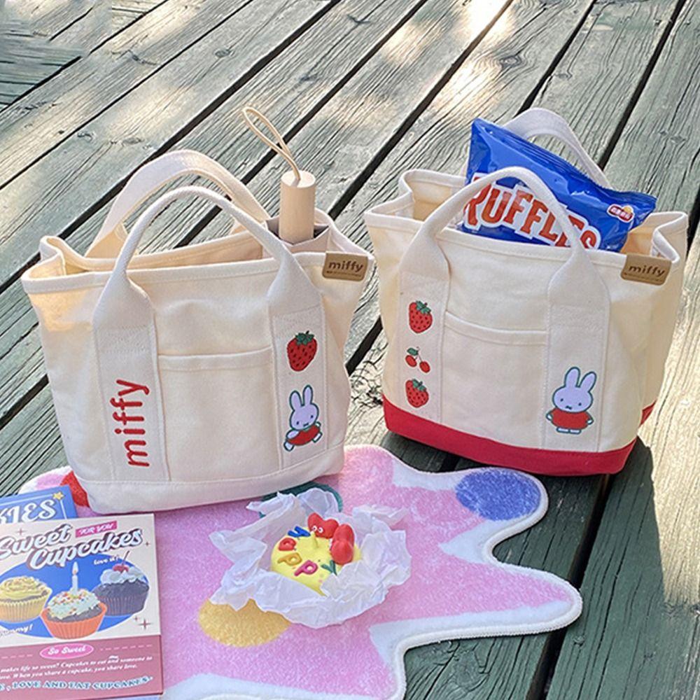 

Cartoon Cute Rabbit Canvas Handbag Embroidery Bunny Tote Bag Simple Travel