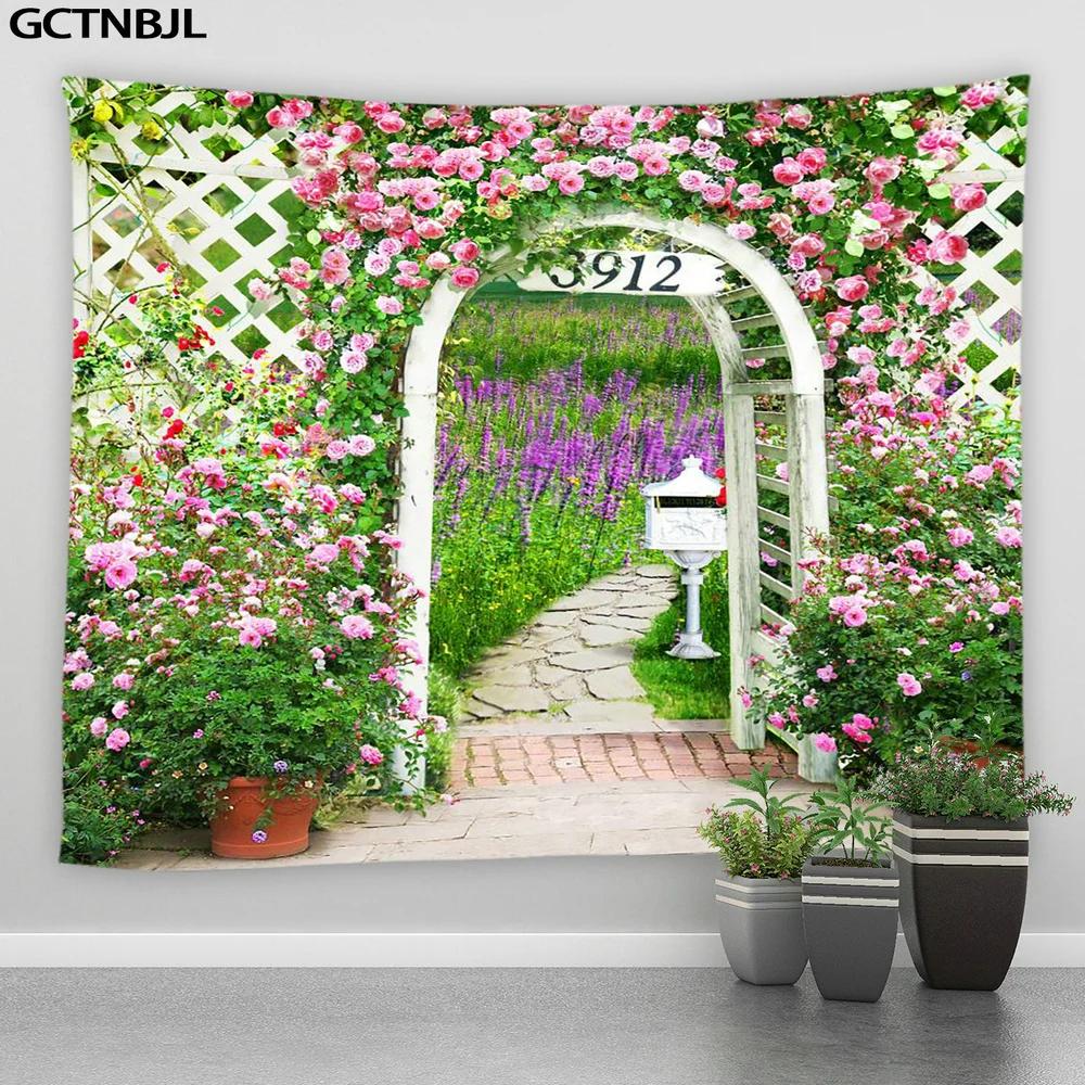 

Landscape Tapestry Flowers Plant Retro Style Old Door Rural Scenery Wall Hanging Big Tapestries Bedroom Background Decor Blanket W100 x H150 cm