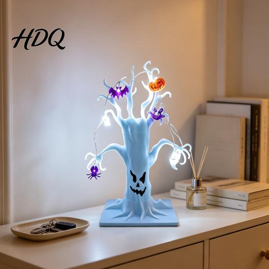 Creepy Spider Tree for Holiday Lighted Halloween Spooky Dead Tabletop Decor Ghost Face Haunted Glowing Skeleton Bat Ornaments with Pumpkin LED String