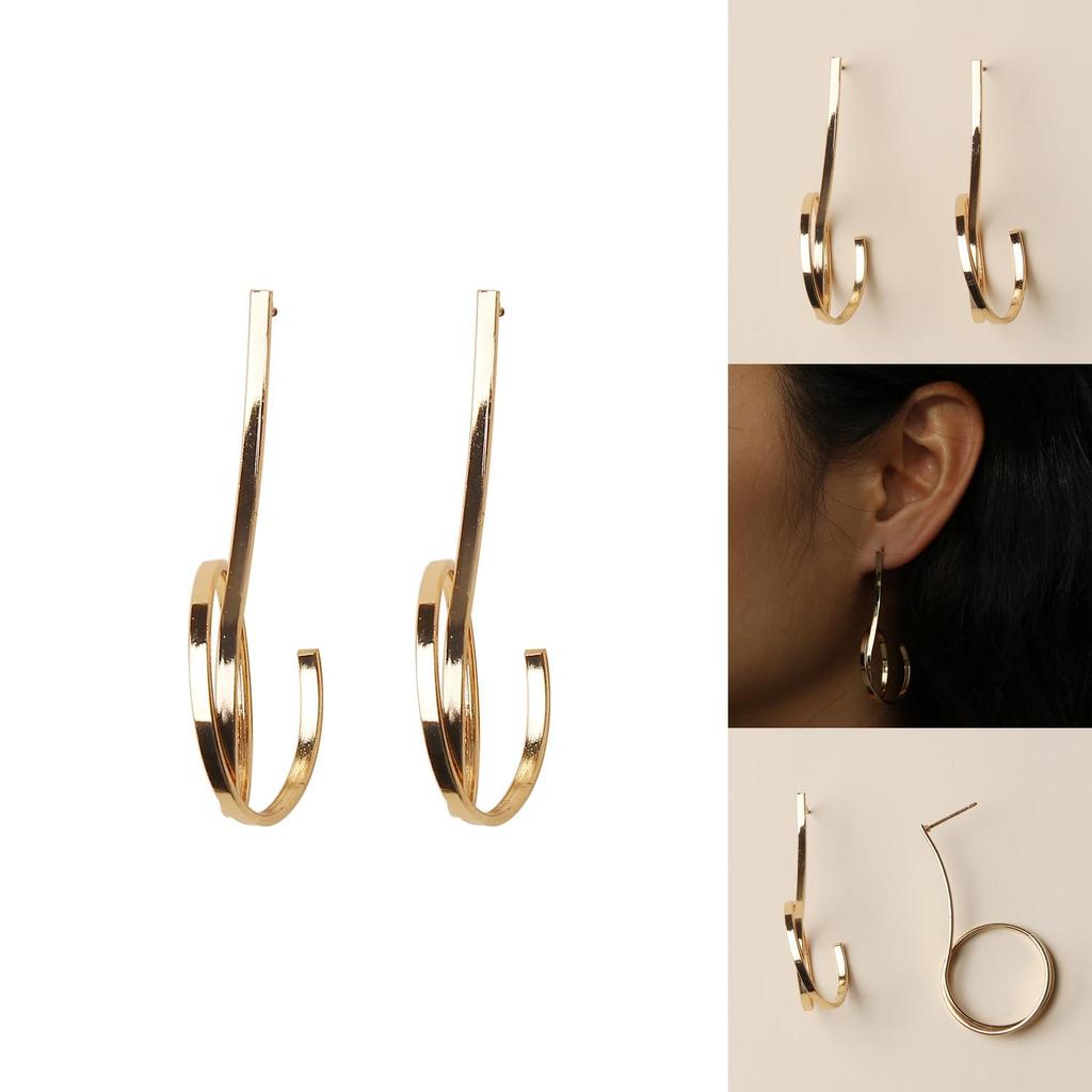 Fashionable Metal Hoop Earrings For Women With Geometric Pattern In Gold Electroplated Jewelry