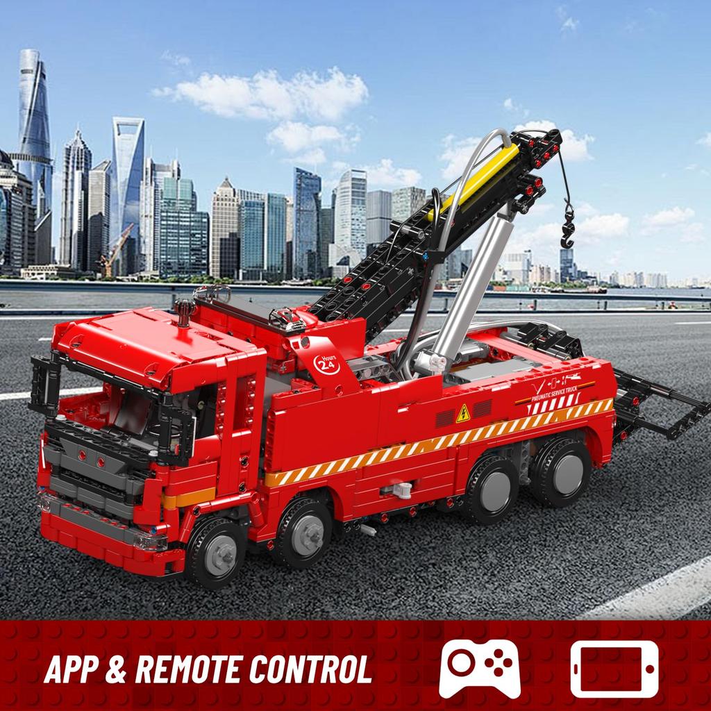 Mould King 19017 Rescue Tow Truck Building Blocks, 1653 Pieces, with Pneumatic Crane, App & Remote Control, Construction Vehicle Model, Ages 8+,