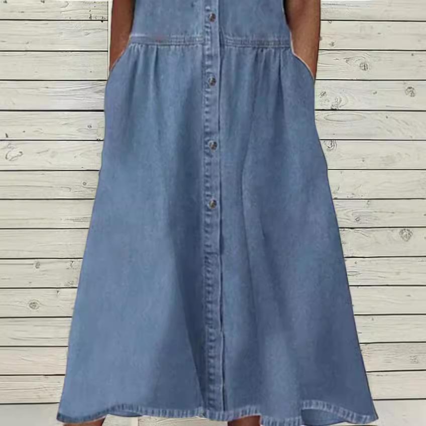 Women's Casual Denim Shirt Dress - Summer Short Sleeve Button-Down Midi Dress with Collar and Pockets, Comfortable Stretchy Jean Dress