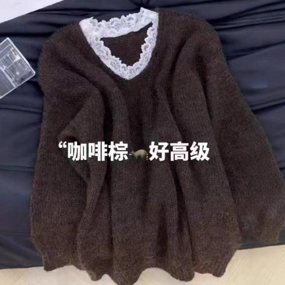 

Korean lace v-neck splicing pullover sweater women s autumn and winter new lazy wind wear early autumn chic one size fits all темно-коричневого кольору
