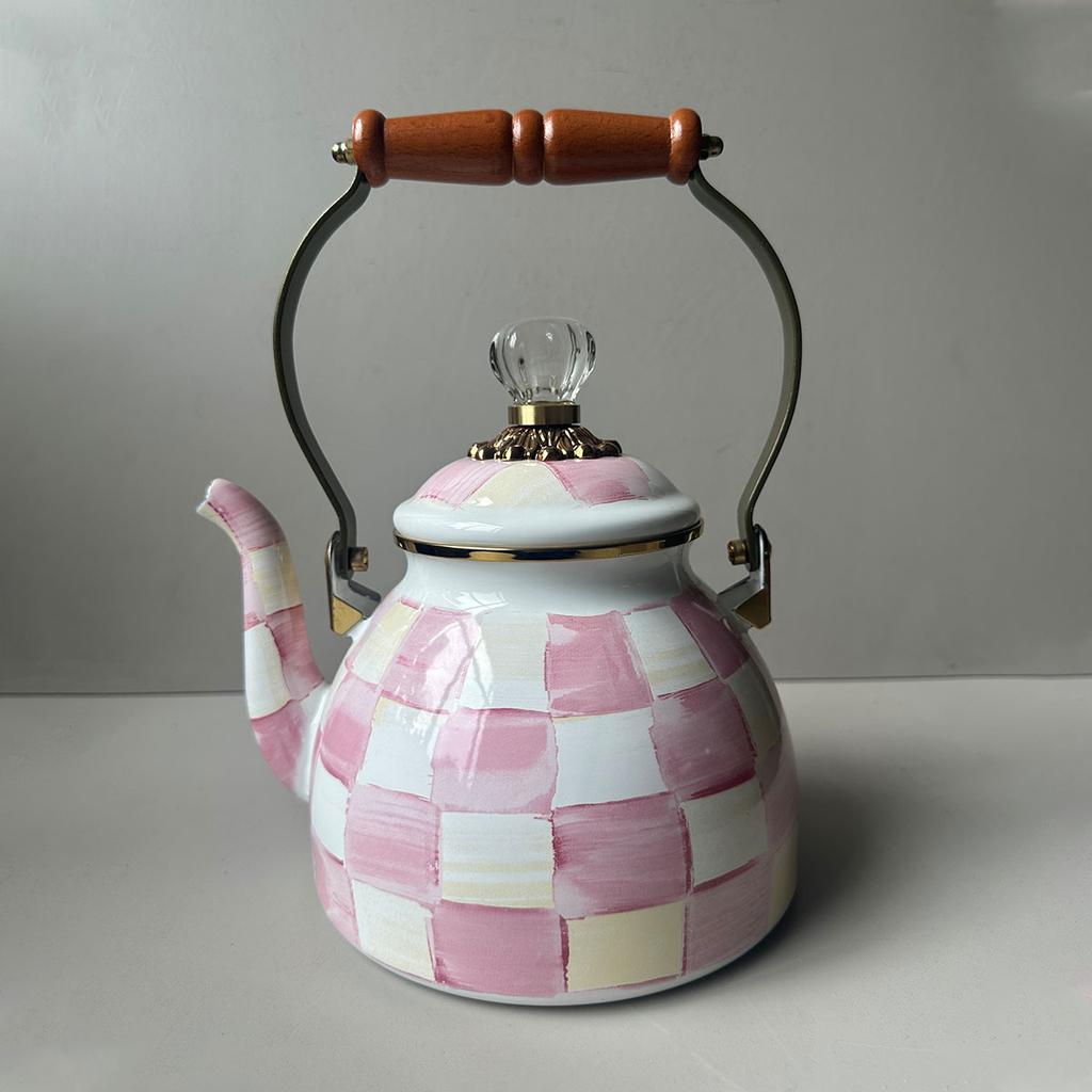 2.5 Quart Check Enamel Tea Kettle Vintage Enameled Teapot Stovetop For Water Coffee Tea Pot Home Kitchen Decor With Handle