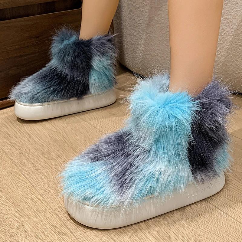 Fashion Tie Dye Fluffy Fur Boots Women Winter Plush Warm Snow Boots Woman Street Style Thick Sole Non Slip Cotton Padded Shoes