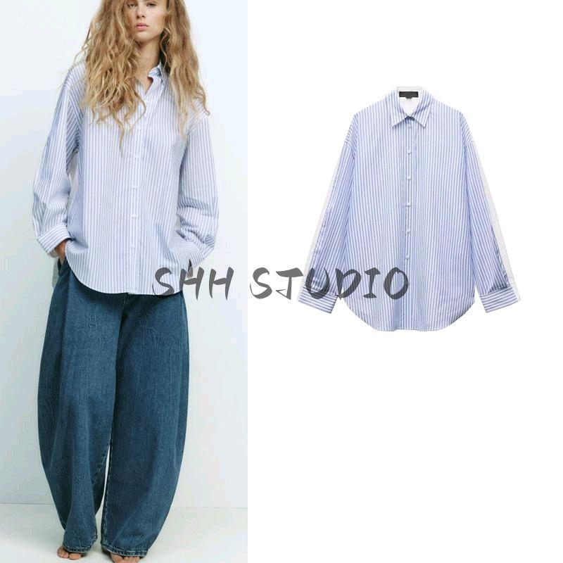 Spring New Women's Clothing Patchwork Pleated Design Cotton Stripes Poplin Loose Long Sleeves Shirt 5063015