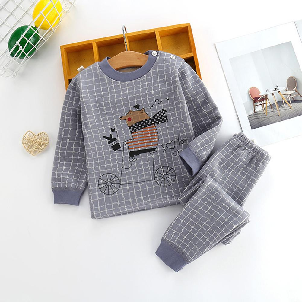 Children Three-layer Cotton Thickening Warm Two-piece Long-sleeved Round Neck Cartoon Print Bottoming Shirt + Trousers