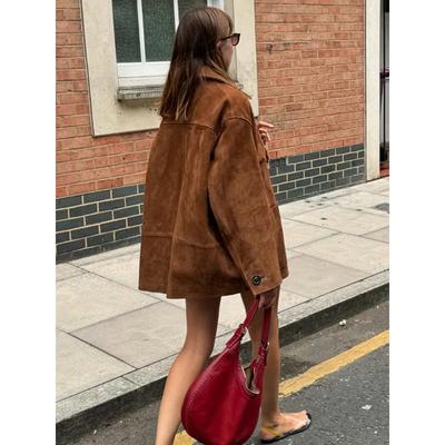 Abrigo corto sintético de un solo pecho marrón para mujer, chaqueta holgada de manga larga con solapa, ropa de calle de otoño para mujer