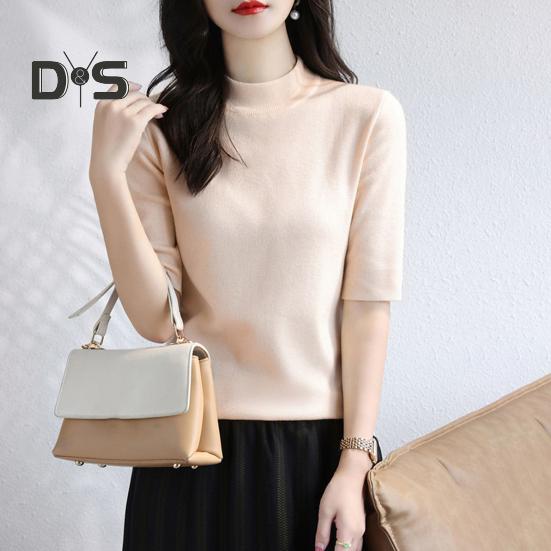 Women Sweater Half High Collar Half Sleeve Knitting Tops Solid Color Slim Fit Sweater Tops Commuting Street Wear