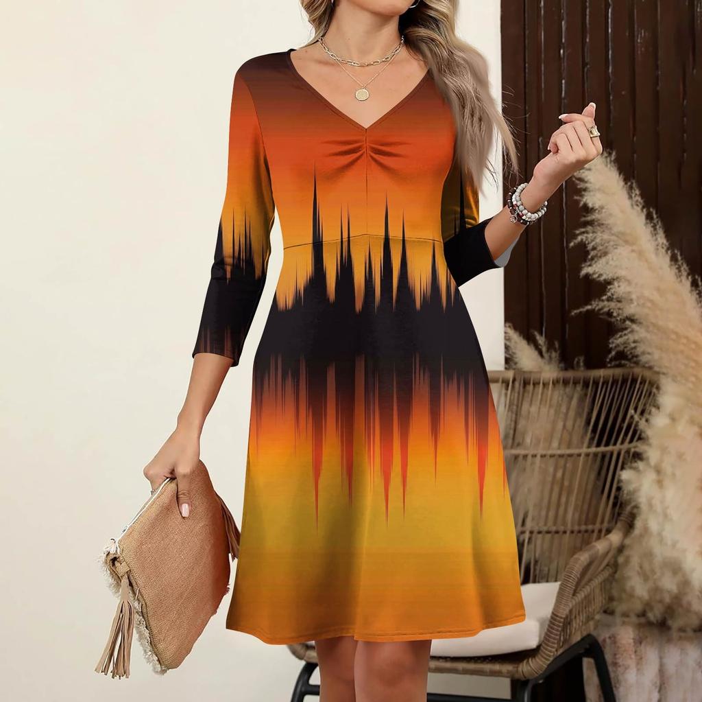Women's  Casual Loose Comfortable Print V-Neck 3/4 Sleeve Dress