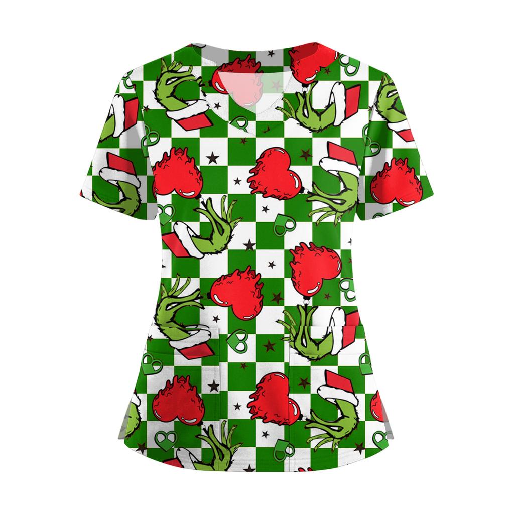 Women's Short Sleeved Christmas Printed V-neck Buttonable Side Slit Top T-shirt