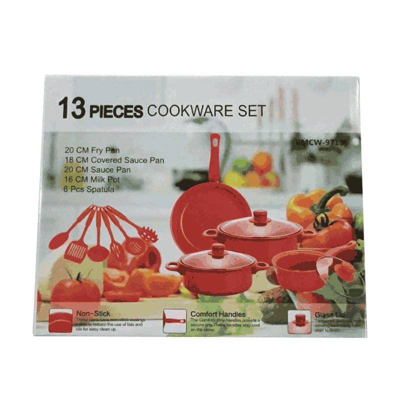 Thirteen-Piece Non-Stick Cookware Set: Includes Spatula, Soup Pot, Milk Pot, Frying Pan, and More.
