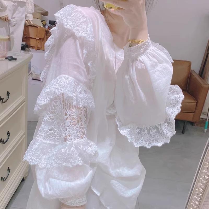 Plus Size Summer Solid Color Lace Patchwork Long Sleeve Loose T-shirt for Women