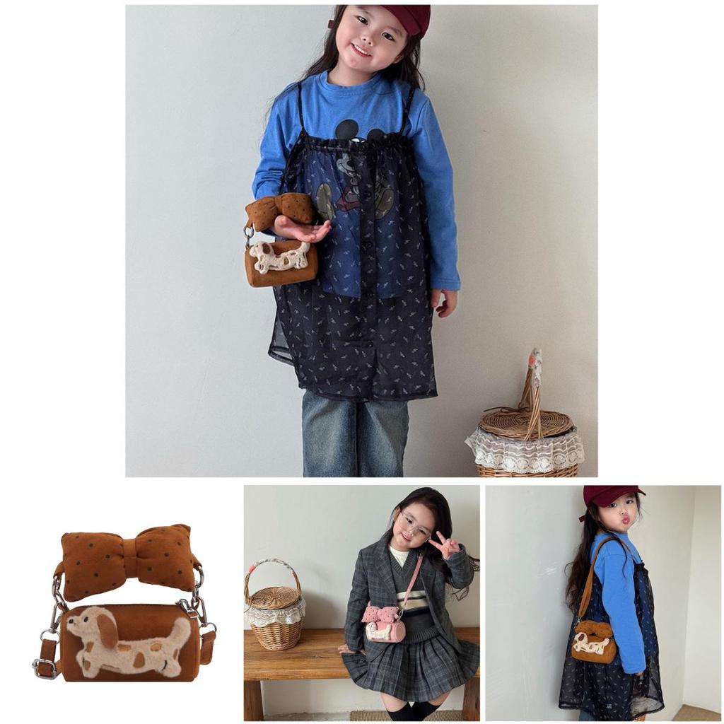 Princess Style Girl Bucket Bag With Bow And Dog Decoration For Kindergarten Daily Use