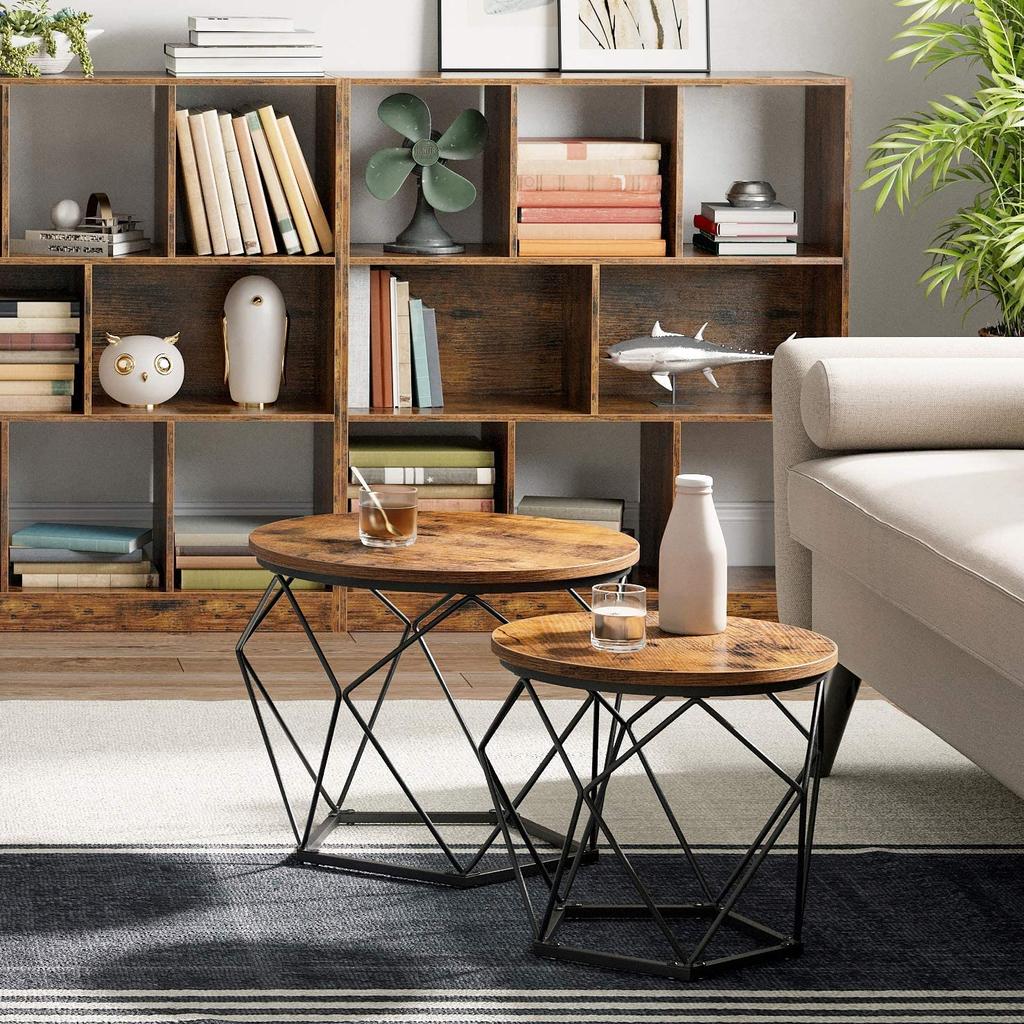 VASAGLE Coffee Tables, Set of 2 Side Tables, Robust Steel Frame, for Living Room, Bedroom, Rustic Brown and Black LET040B01