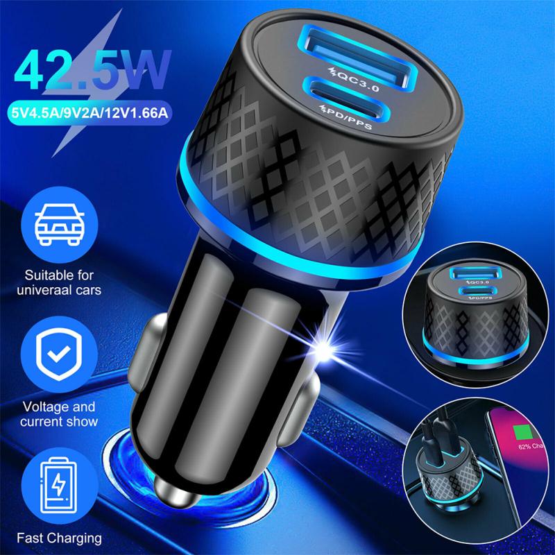 Qc3.0 Usb Car Charger Dual Channel Pd20w Ultra-fast Charging Adapter With Blue Soft Led Light For