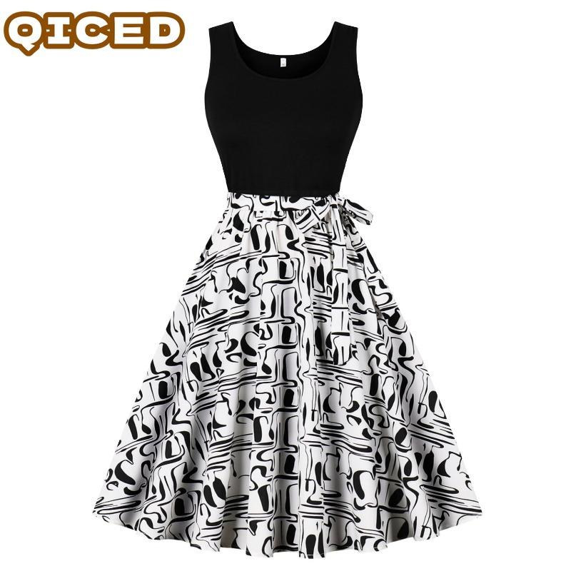 QICED Fashion Summer Spring Sleeveless O-Neck Casual Dresses