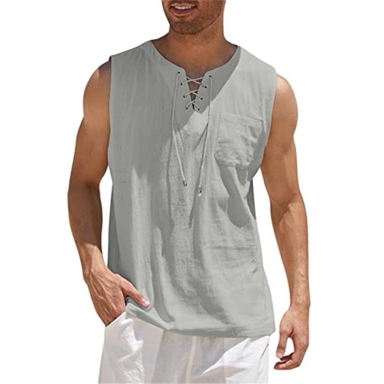 

Men s Sleeveless T-shirt Lace Up V-Neck Loose Fit Blouse with Chest Pocket Solid Color Casual Summer Top for Daily Wear Gym Travel 3XL світло-сірого кольору