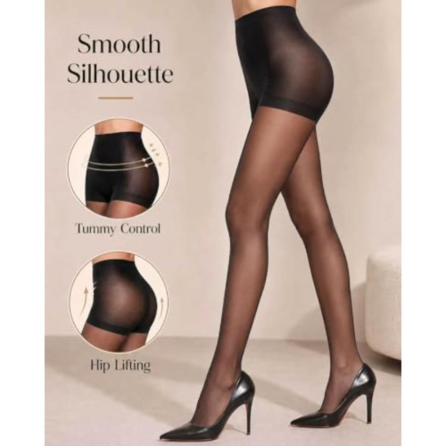 3 Pairs Black Sheer Tights For Women, 20D Run-Resistant Control Top Pantyhose Nylon Stockings With Reinforced Toes
