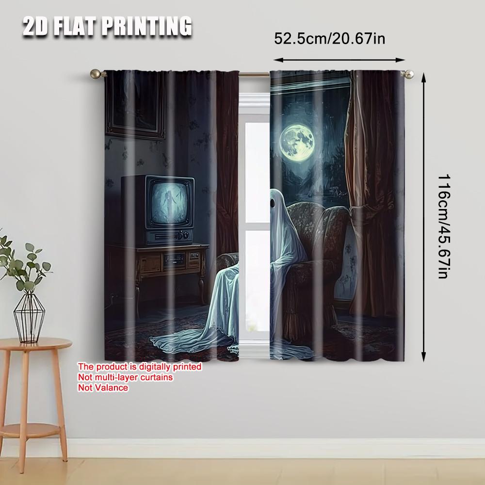 2pc  2D plane printing Print Curtains Ancient CRT TV_ Moonlight Night_ and the Horror Room of Ghost Characters Versatile