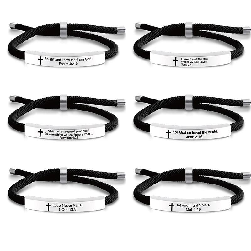 Cross Jesus Scripture Quote Bracelet Christian Bible Verse Engraved Letters Stainless Steel Bracelets Braided Rope Wristband