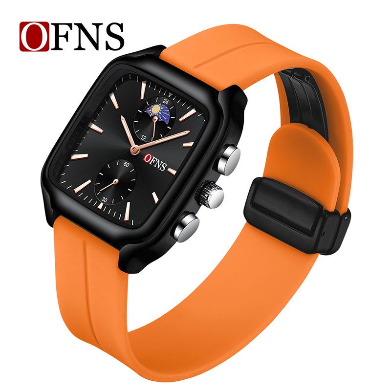 Oufanni Time Square Large Dial Quartz Watch with Candy Color Silicone Strap and Star & Moon Second Dial оранжевый