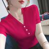Summer New Season Ice Silk V-Neck Short Sleeved T-shirt Women's Korean Fashion Solid Slim Versatile Slim Button Thin Knitted Top