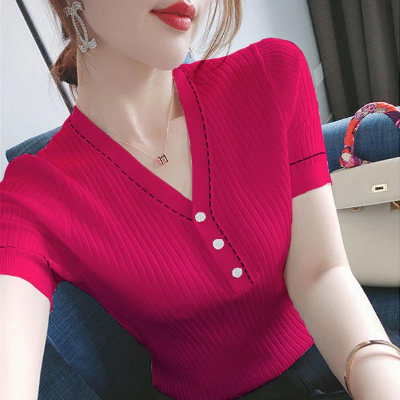 Summer New Season Ice Silk V-Neck Short Sleeved T-shirt Women's Korean Fashion Solid Slim Versatile Slim Button Thin Knitted Top