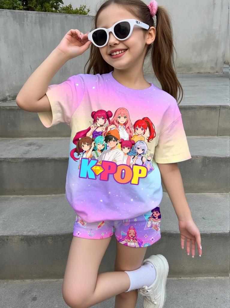 Lässige Kpop Beliebte Cartoon-Print Sommerkleidung für Mädchen Rundhals Kurzarm und Shorts Tägliche Kleidung Kinderkleidung Mädchen