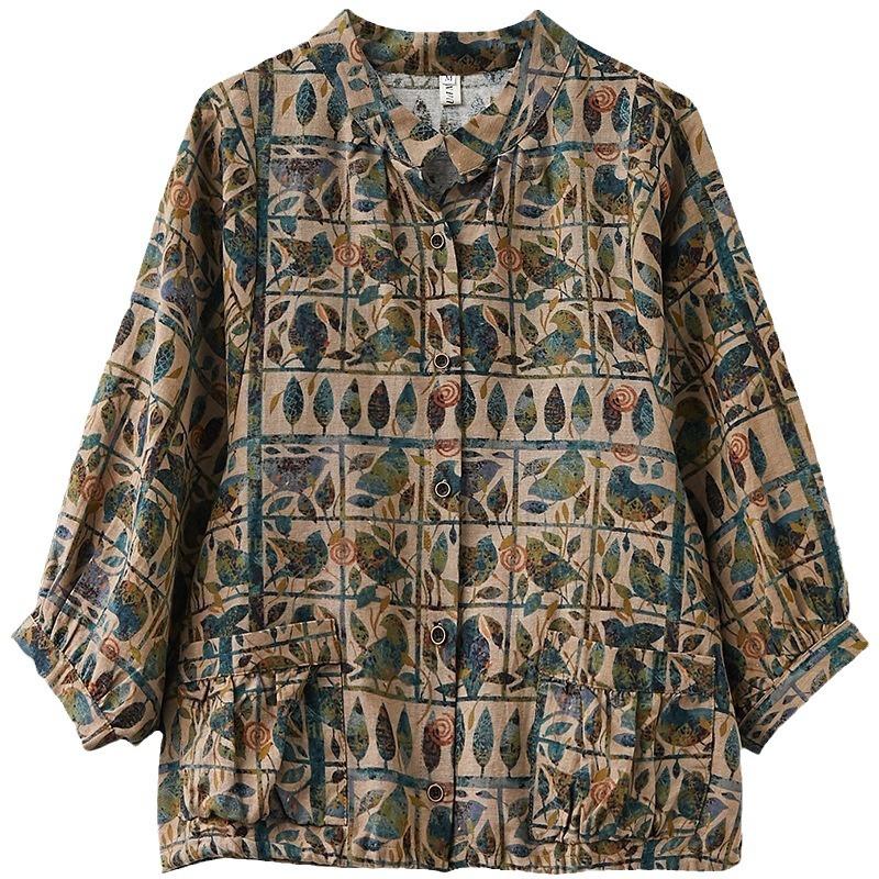 Camicia ampia retrò letteraria in cotone e lino da donna taglie forti primavera e autunno