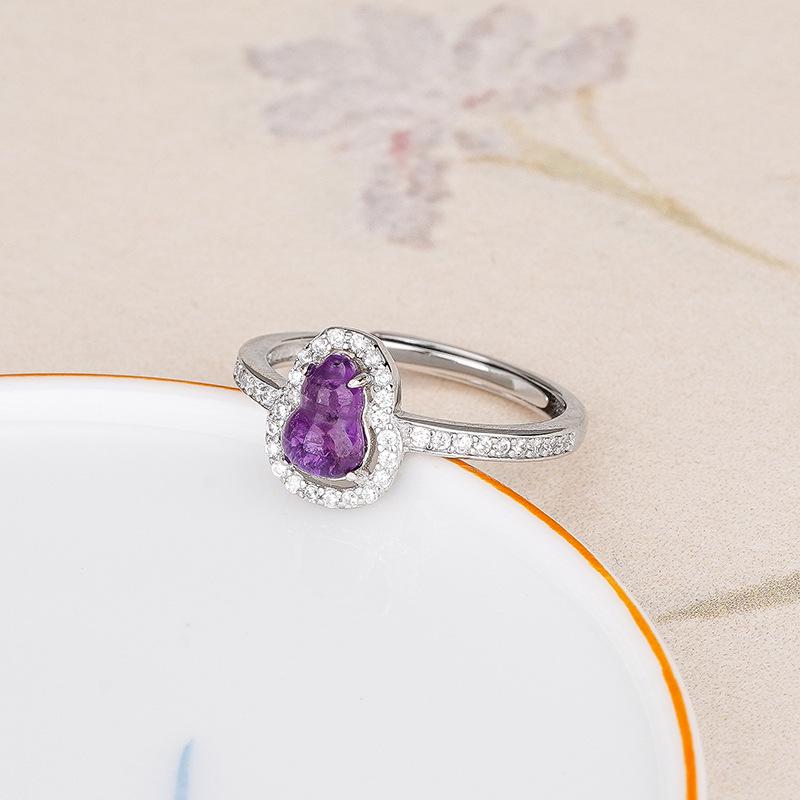 Tichia Amethyst & Citrine Open Ring in S925 Sterling Silver – Elegant Gourd Design for Women Adjustable Open