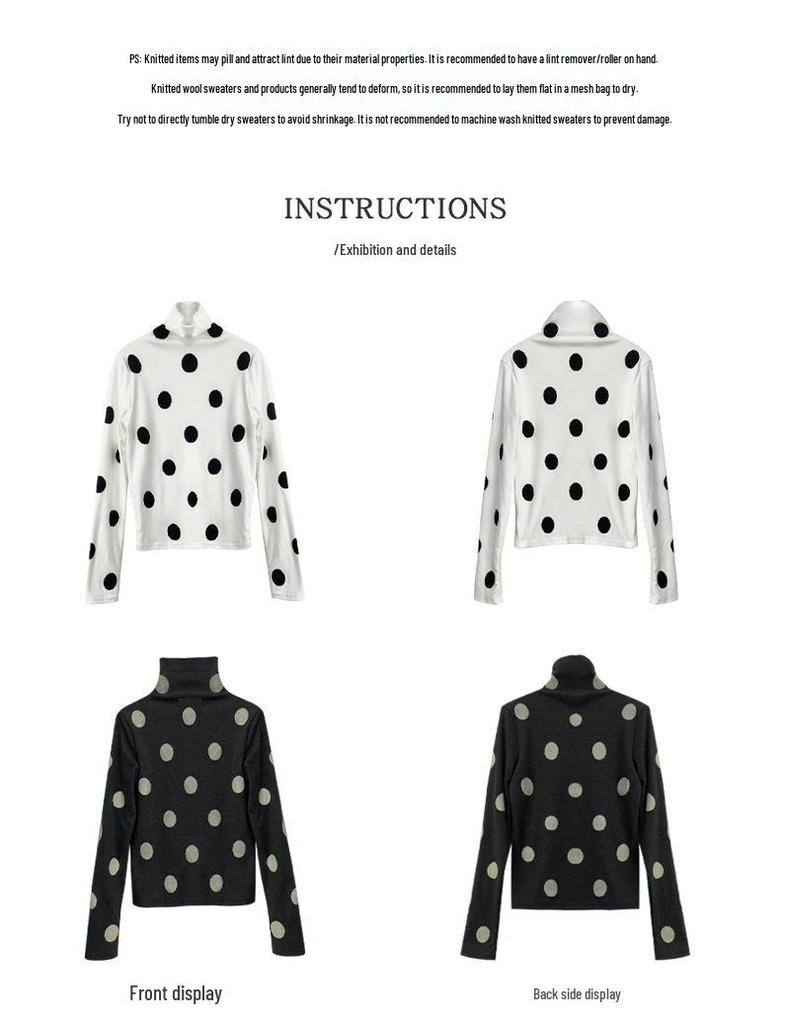 Yuyi Damen Polka Dot T-Shirt: Herbst/Winter 2025 Süß & Würzig, Halber Rollkragen, Langarm, Gebürstete Basis (M3858)