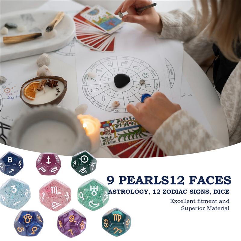 ABUO-9Pcs Pearl 12-Sided Astrology Zodiac Signs Dice For Constellation Divination Creative Multi Sided Dice Type A