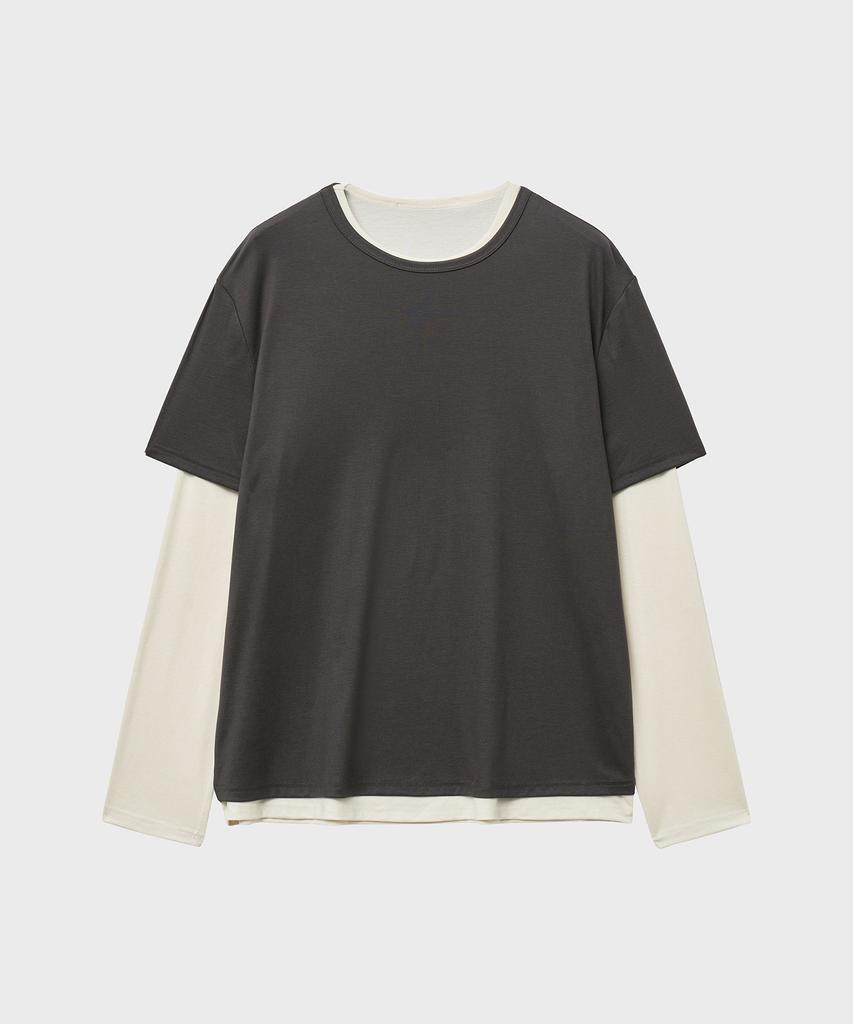 NOIRER Layered Half Long Sleeve T-Shirt (Charcoal Ivory)