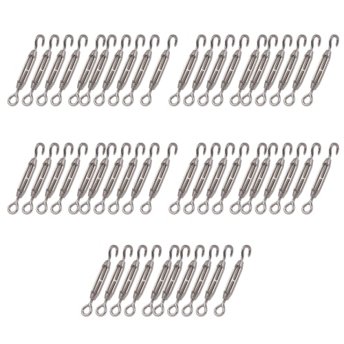 Logyues 50-Pack Turnbuckles, Eye Hooks, Rust-Resistant, High-Strength, for Rope Fastening and Tent Pitching, M4 Hook & Eye, 304 Stainless Steel, Silve