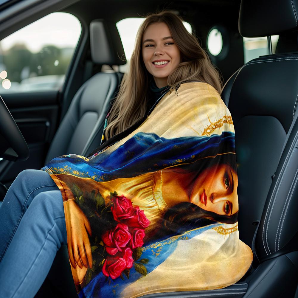 Virgin Mary Religious Portrait Blue Robe Golden Halo Red Roses Holy Artwork Spiritual Flannel Blanket Church decorationChristian