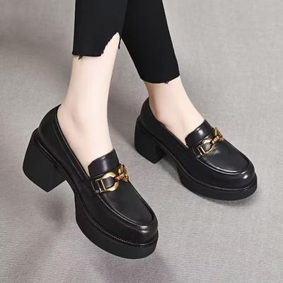 Britische hochhackige kleine Lederschuhe Damen-Einzelschuhe 2024 Herbst neue Plateau-Muffin-Loafer Dickabsatz-Mary-Jane-Schuhe