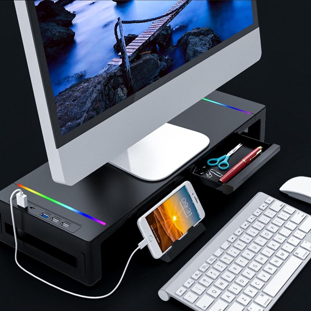 ABS RGB Monitör Standı Yükseltici Masa Desteği 3 USB3.0 Klavye Fare Saklama Rafı Ekran Rafı Şarj Kablolu Çekmeceli Telefon Tutuculu Siyah