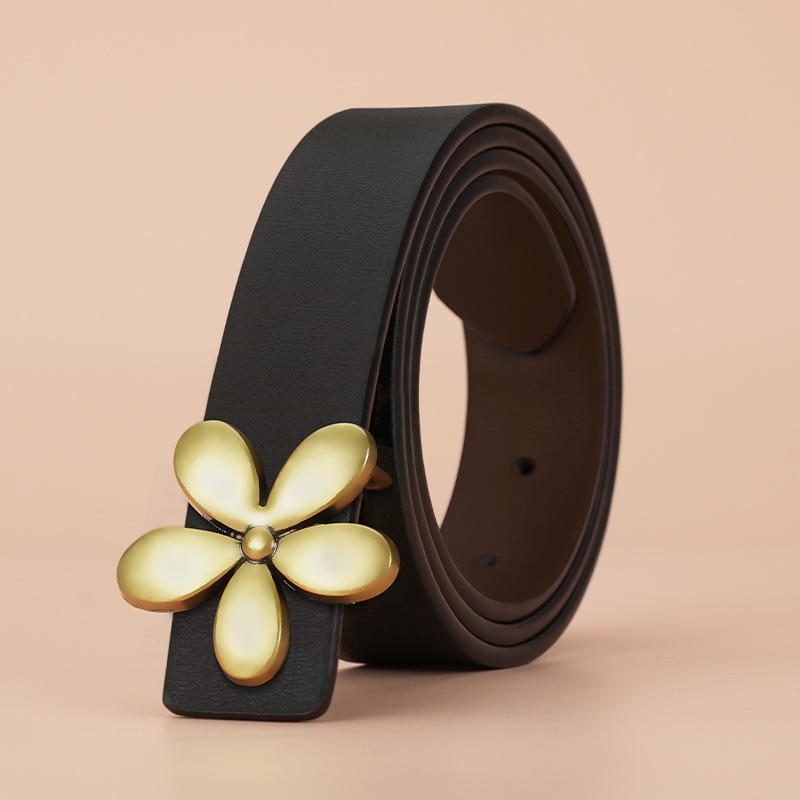 Leather Belt Formal Suit Casual Pants Belt Women's Waist Belt Slim Flower Smooth Plate Buckle