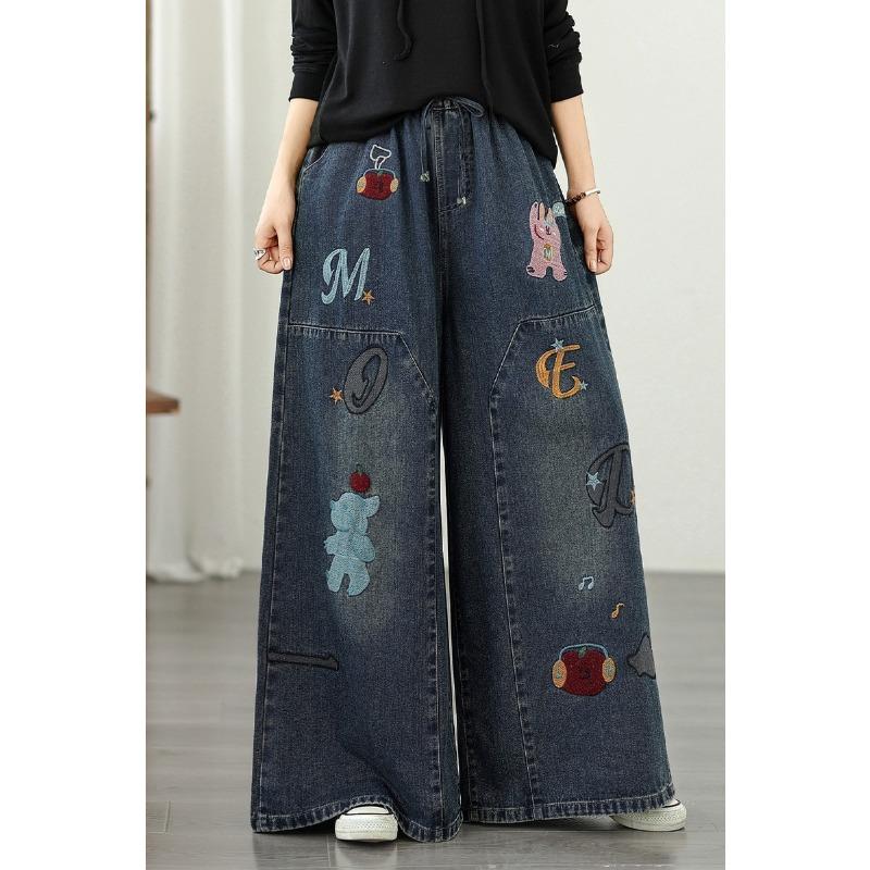 DIMANAF 2025 Plus Size Autumn Jeans Women Long Pants Embroidery Loose Denim Trousers Big Size Casual