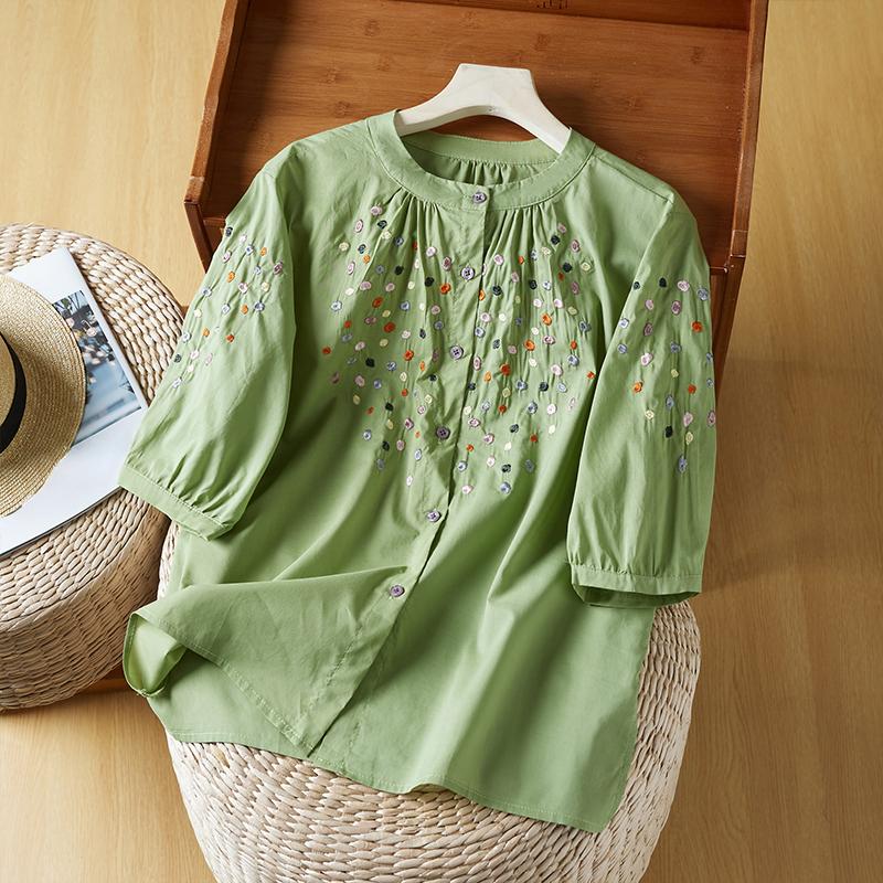 

DIMANAF 2024 плюс размер, летняя новая блузка, рубашка в горошек с вышивкой, элегантная винтажная женская свободная повседневная тонкая рубашка, топы 2XL зелёный