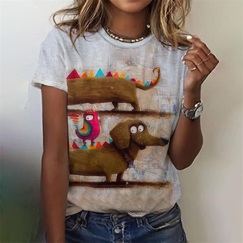 Tägliches Rundhals-Sommer-Damen-T-Shirt mit kurzen Ärmeln, 3D-Druck, kleiner Hund, lässiges T-Shirt