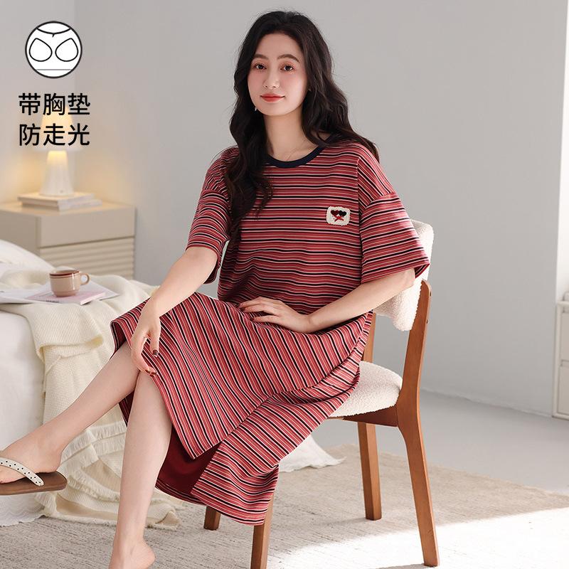 Pajama Women's 1011 New Integrated Summer Pure Cotton Thin with Chest Pad Can Be Worn Outside Loose Short-sleeved Pajama Skirt