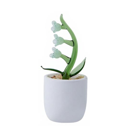 Hand Blown Mini Glass Flower Figurine Faux Crystal Small Lily of The Valley Flower with Pot for Wedding Mother's Day Office Home Table Centerpiece