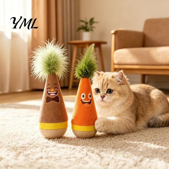 Plush Cat Teaser with Wood Base Wooden Wobble Toy, Self-Righting Tumbler Feather for Indoor Cats, Interactive Safe Clawing Toy Punching Bag