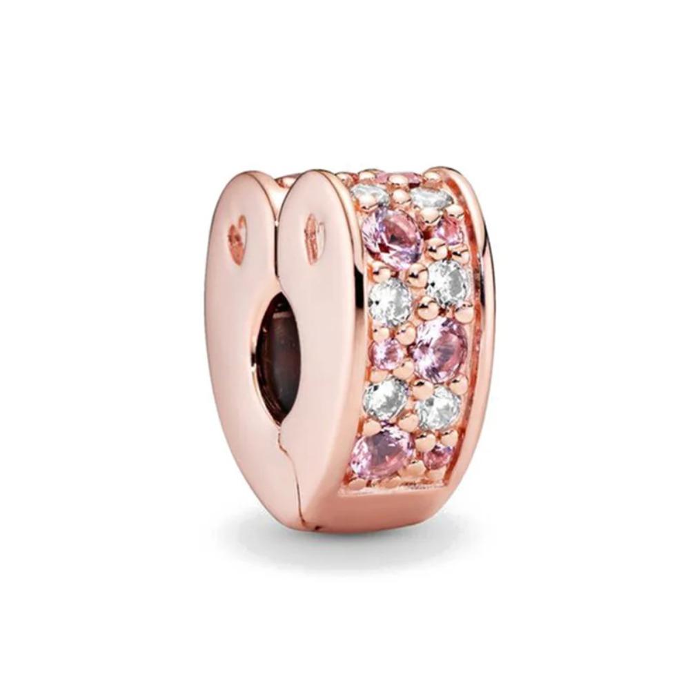 New 925 Silver Round Flower Pattern Sparkling Pink Heart-shaped Clip Charm Bead Fit for Original Bracelet DIY Women's Jewelry