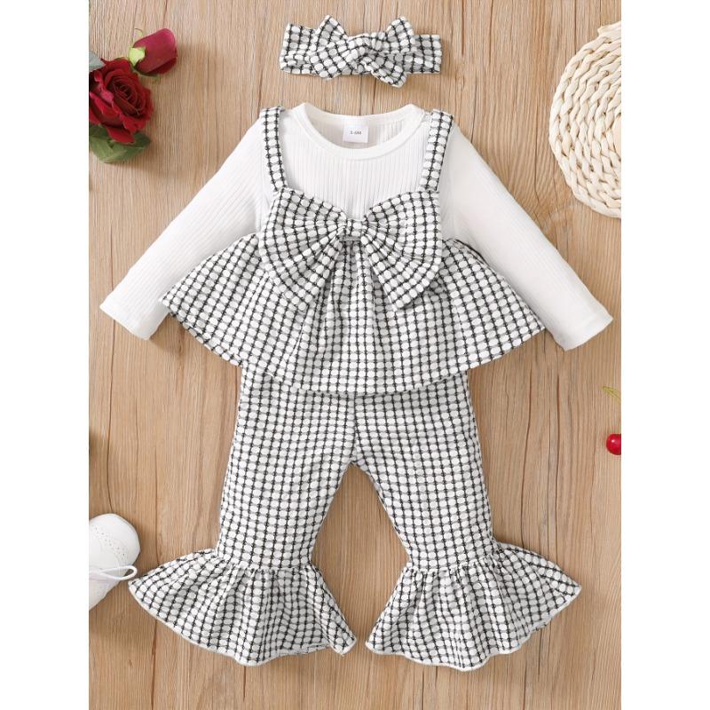 Toddler Baby Girls All-match Cute Bow Plaid Long Sleeve Dress Top & Flared Trousers Set, Kid's Patry Casual Clothes